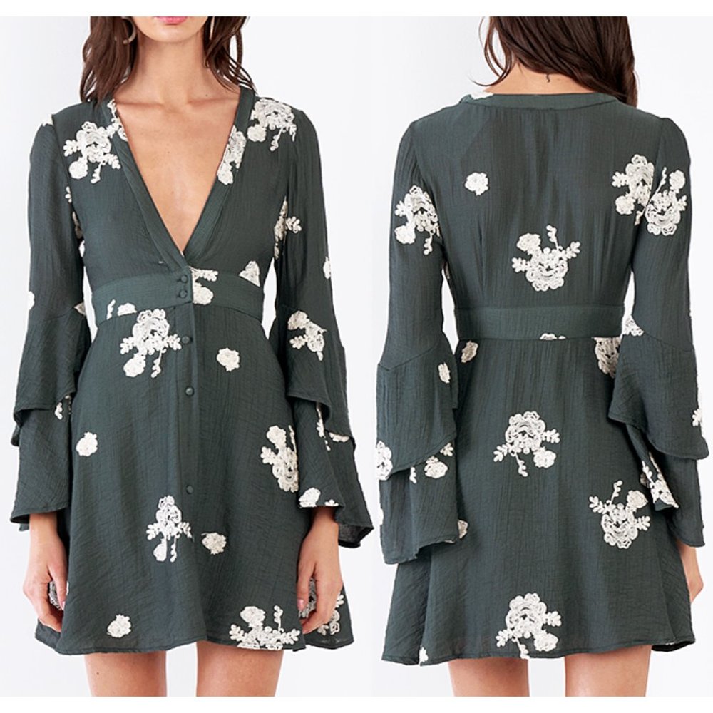 Floral Embroidery V Neck Bell Sleeves Boho Dress - Picture 2 of 8